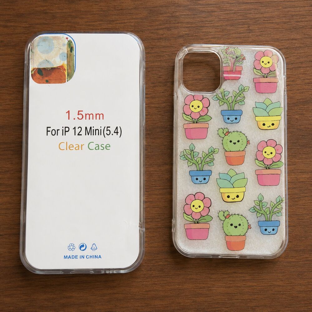 iPhone 12 Mini Clear Glitter Phone Case Cute Smiling Cactus & Succulent Floral